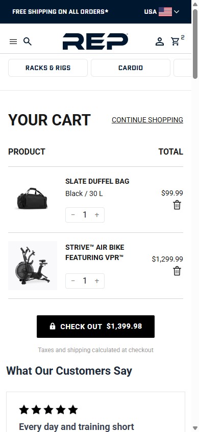 REP Fitness — Cart (Mobile, lock icon on CTA + Continue Shopping link)