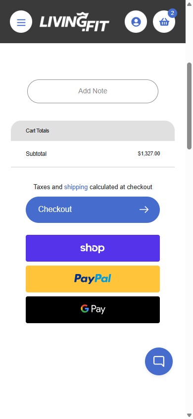 Living.Fit — Cart checkout zone (Mobile, $1,327 total)