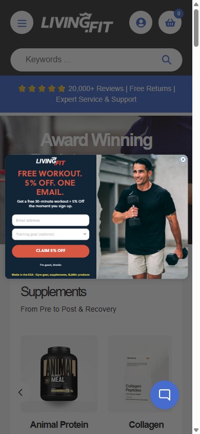 Living.Fit — Mobile (first-load Klaviyo popup blocks homepage)