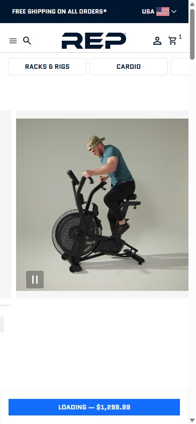 REP Fitness — Strive Air Bike PDP (Mobile, autoplay video in gallery)